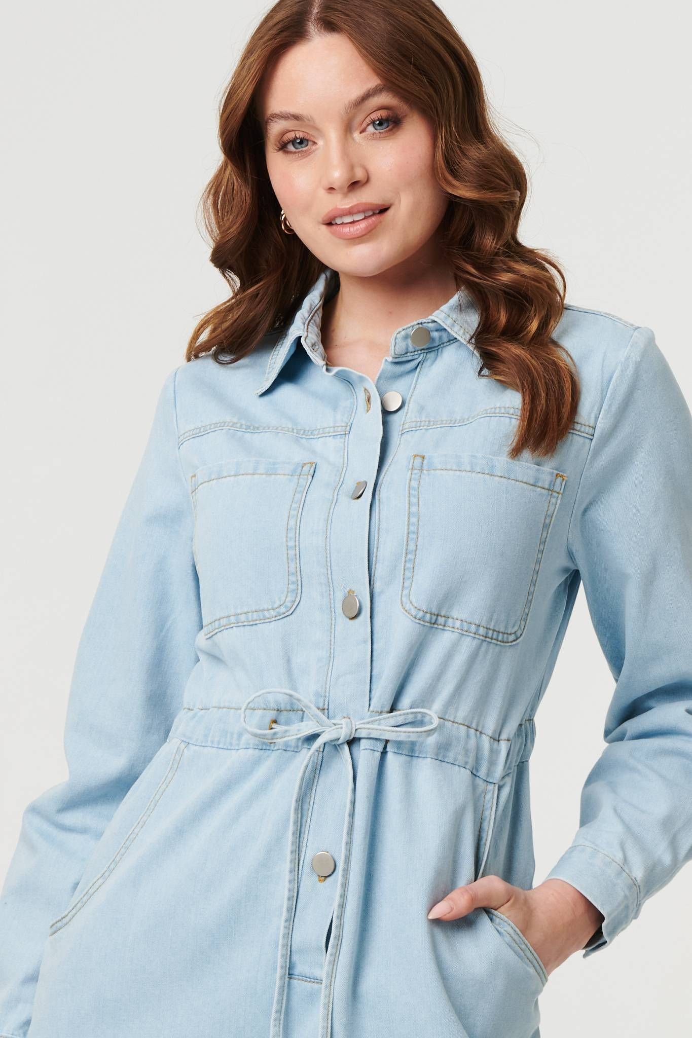 Izabel London Izabel London Women's Denim Tie Waist Long Sleeve Midi Dress in Blue - 2