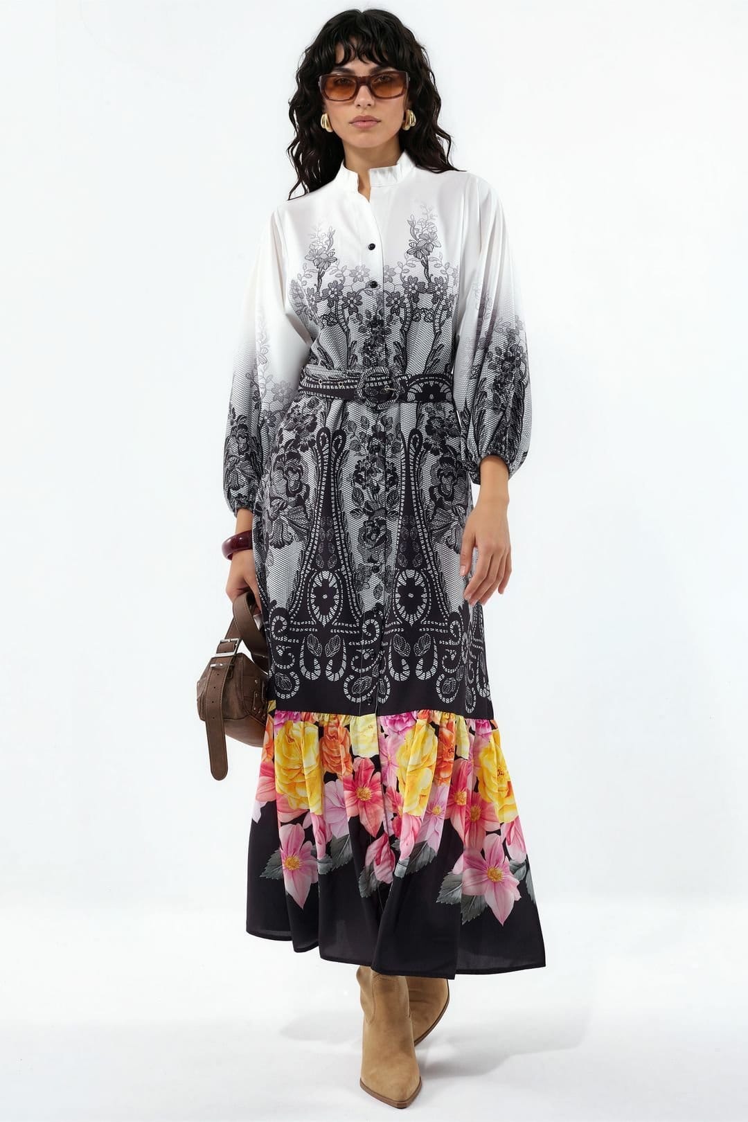 MSN Collection Floral Belted Midi Dress