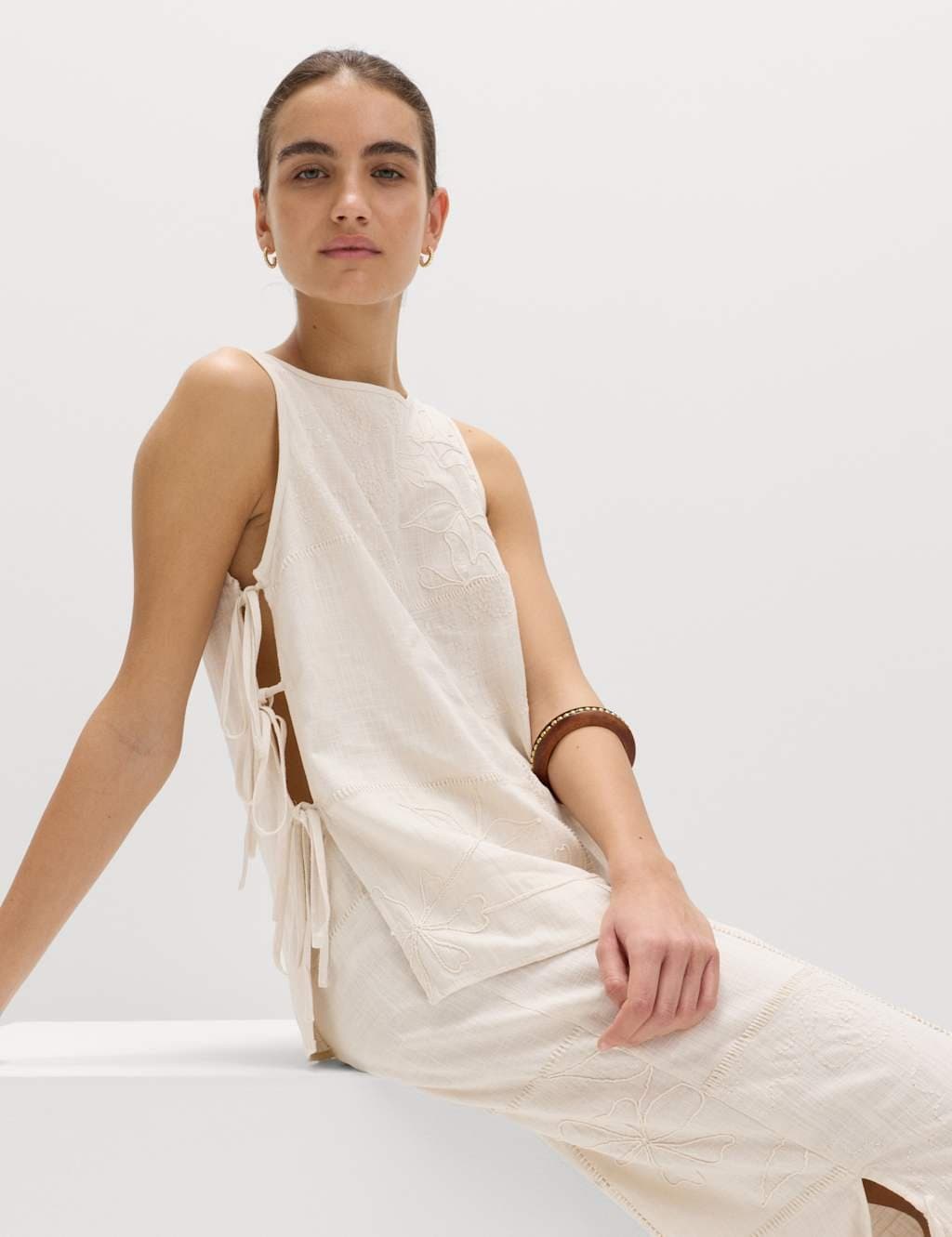 Marks & Spencer M&S Patchwork Tie Side Vest with Linen Cream