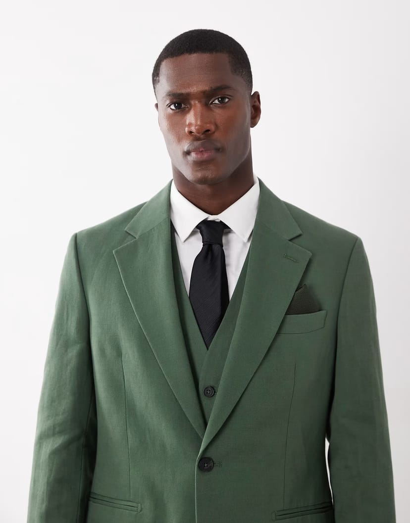 ASOS ASOS DESIGN slim suit jacket in linen rich dark green twill - 1