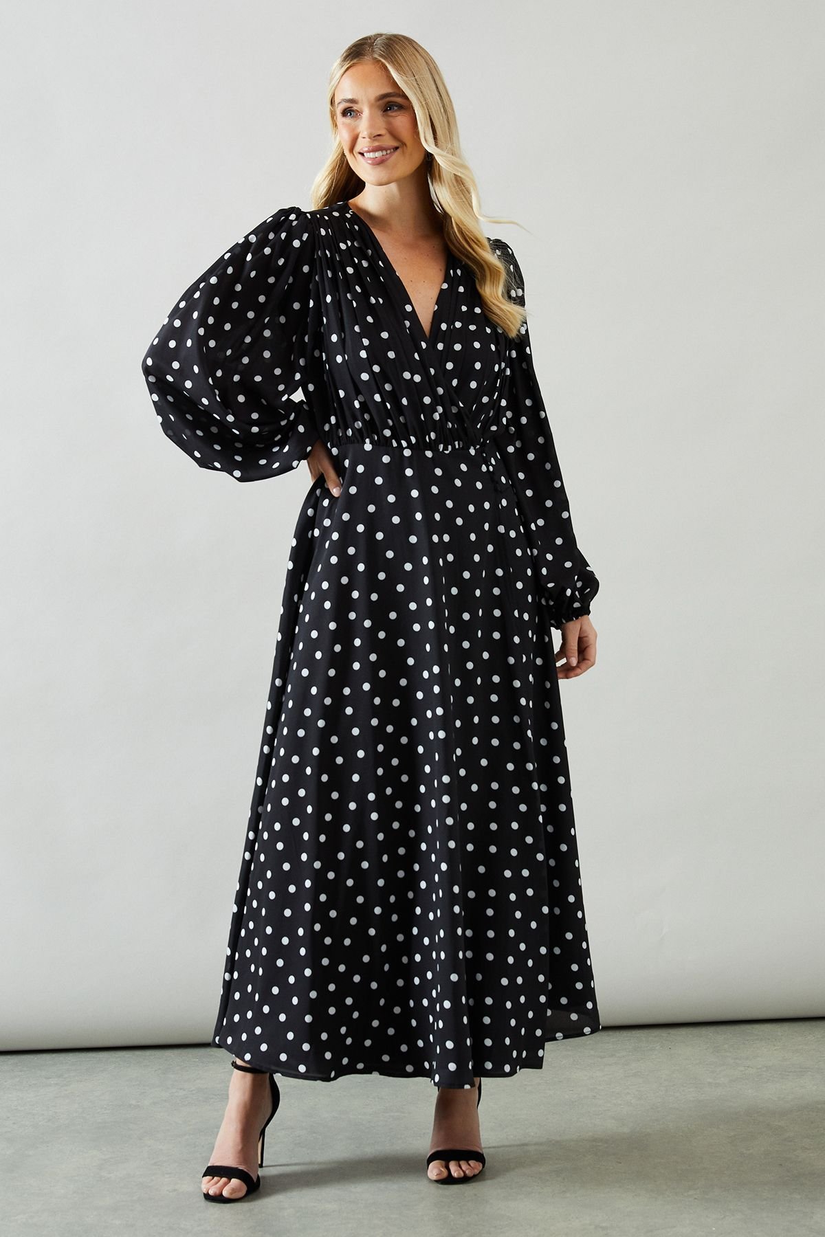 Wallis Wallis Women's Petite Spot Print Wrap Chiffon Midaxi Dress in Black - 2