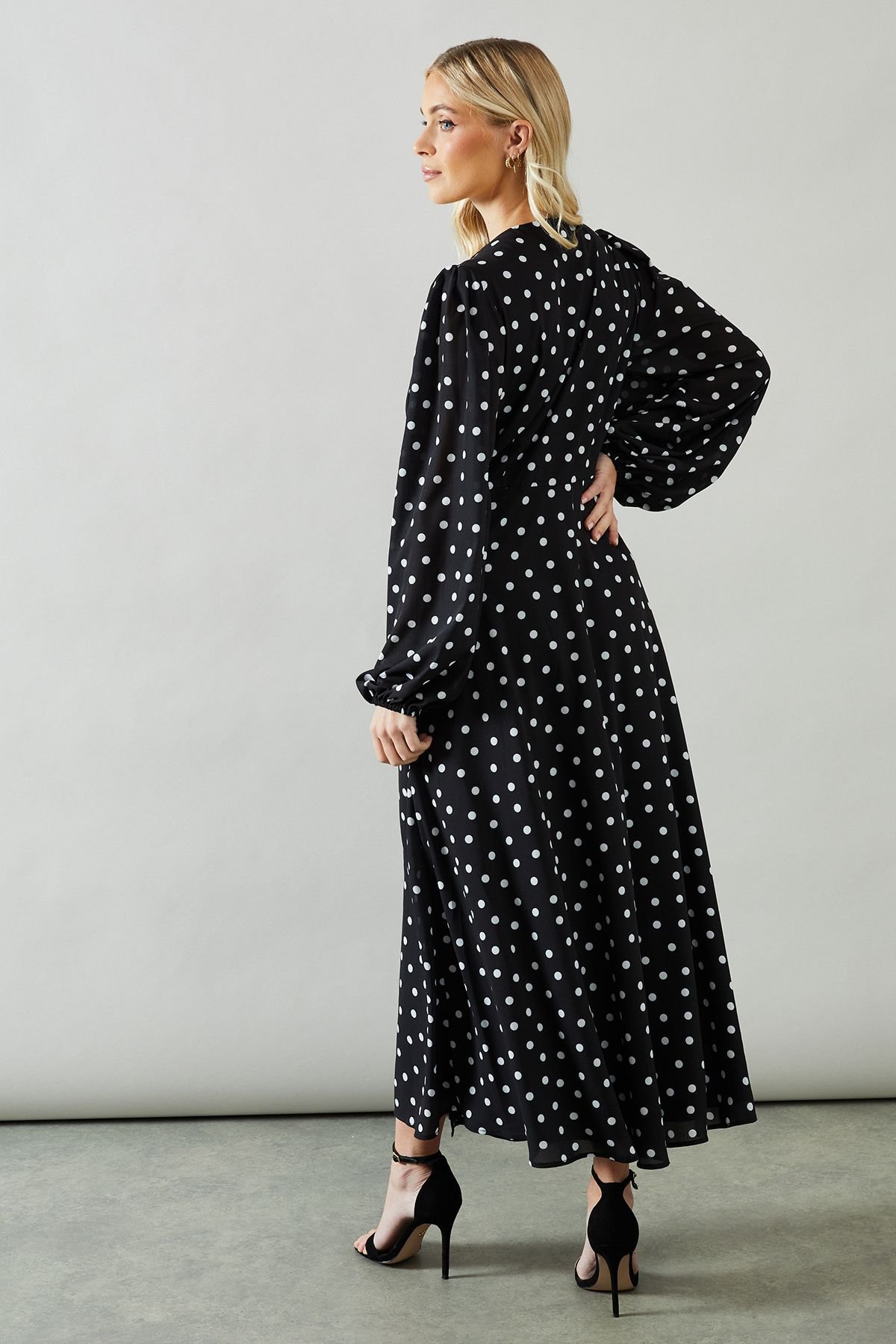 Wallis Wallis Women's Petite Spot Print Wrap Chiffon Midaxi Dress in Black - 3