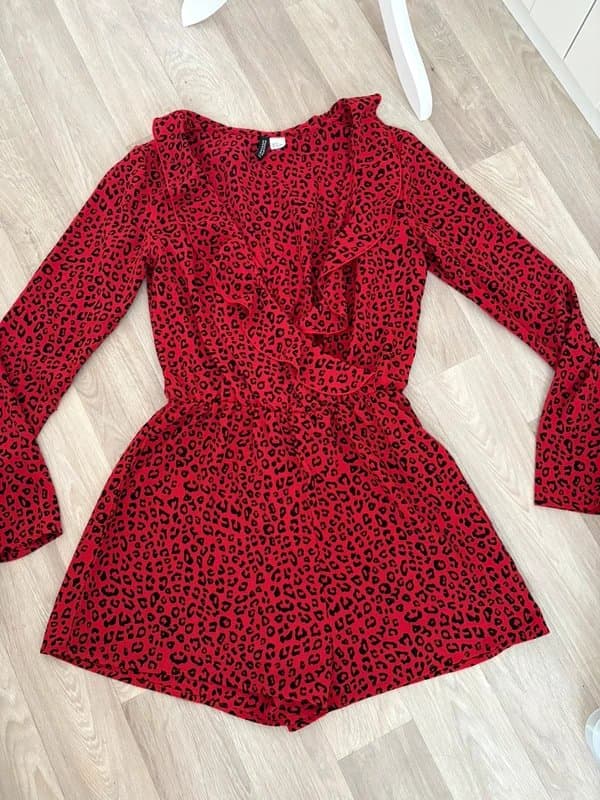 H&M H&M Red Leopard Print Frill Playsuit Romper UK 8 Animal Print Long Sleeve Party Mini