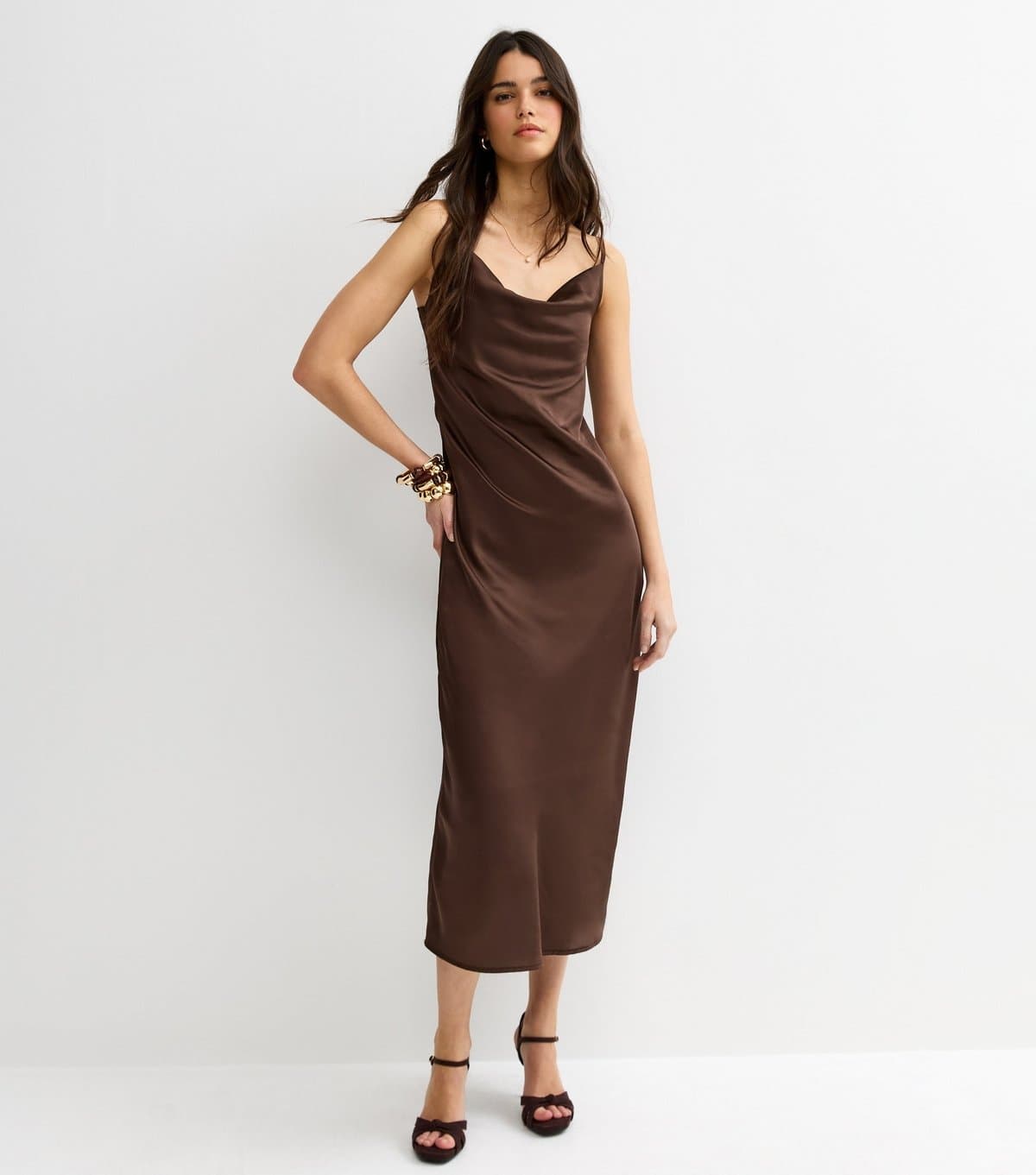 New Look Women's Dark Brown Satin Slip Dress New Look