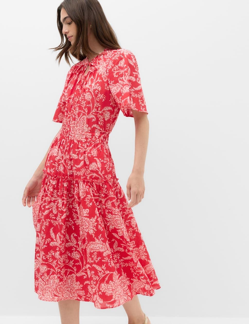 Marks & Spencer M&S Pure Cotton Floral Tie Neck Midi Waisted Dress Pink Mix