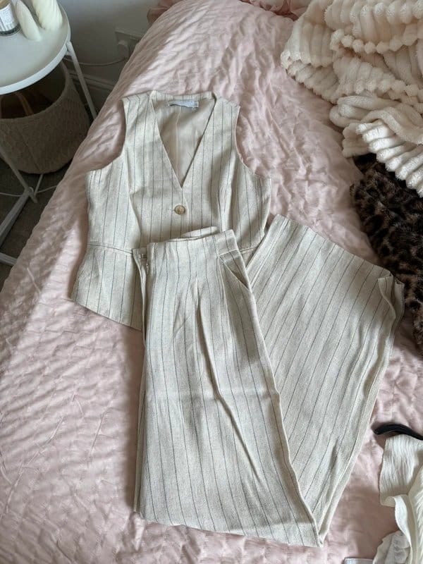 ASOS Cream Pinstripe Waistcoat and Wide Leg Trousers