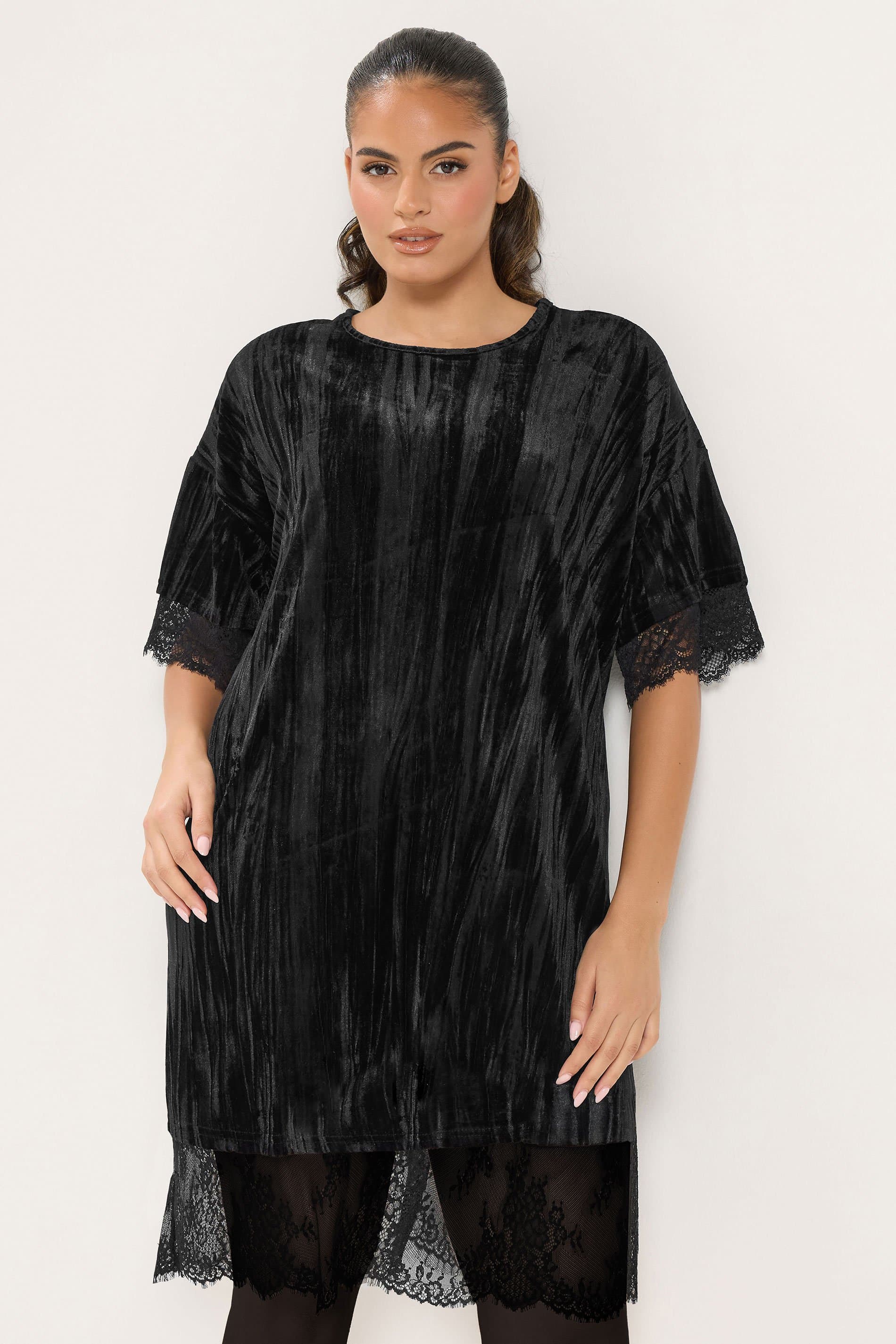 Yours Plus Size Women Black Crushed Velvet Lace Dress