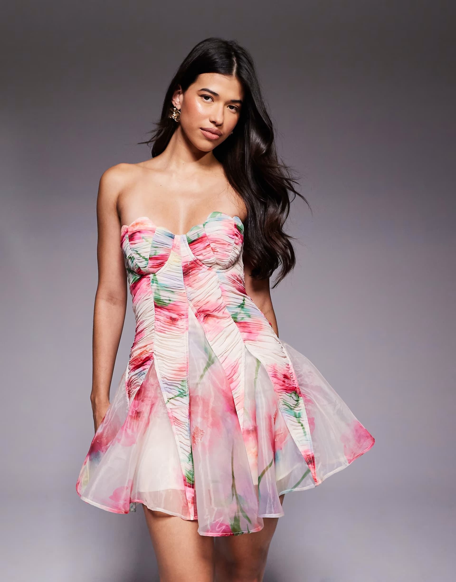 ASOS ASOS LUXE scallop cup bandeau mini dress in blurred floral