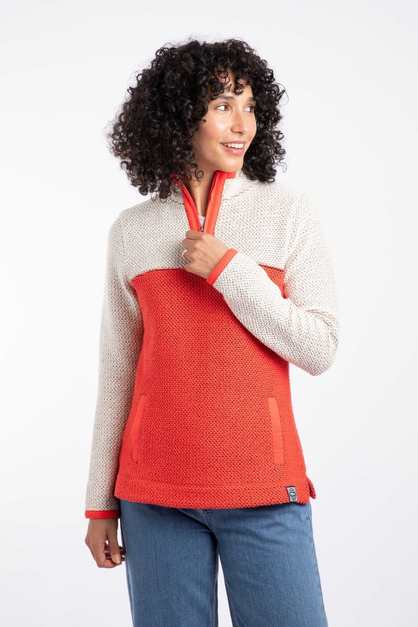 Weird Fish Weird Fish Women's Isla 1/4 Zip Colour Block Macaroni Sweatshirt in Coral