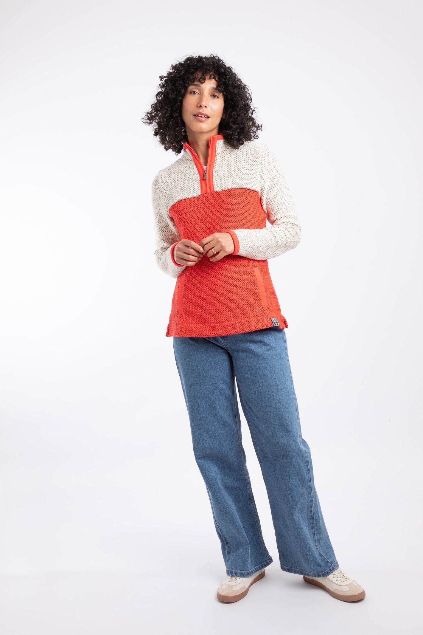 Weird Fish Weird Fish Women's Isla 1/4 Zip Colour Block Macaroni Sweatshirt in Coral - 4