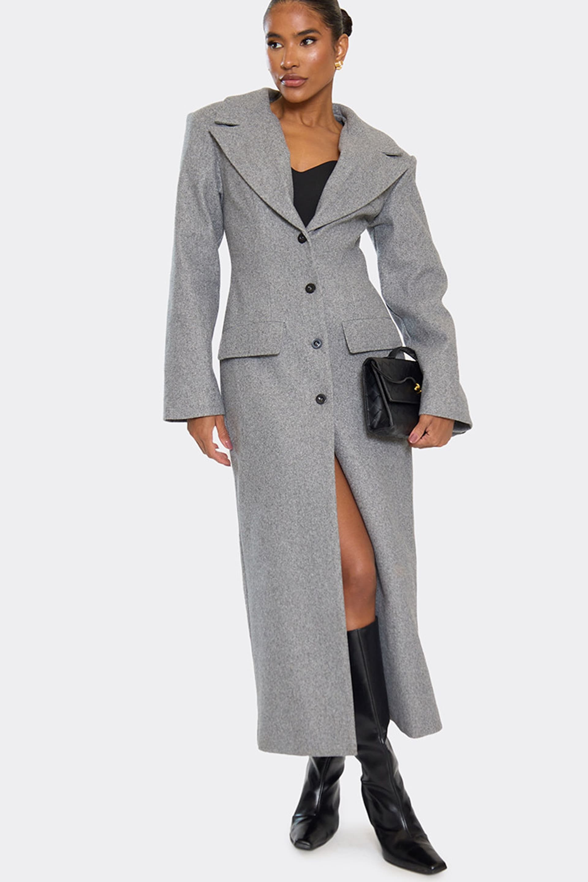 EGO EGO Women's Blazer Style Long Sleeve Cinched Wool Look Maxi Blazer in Silver