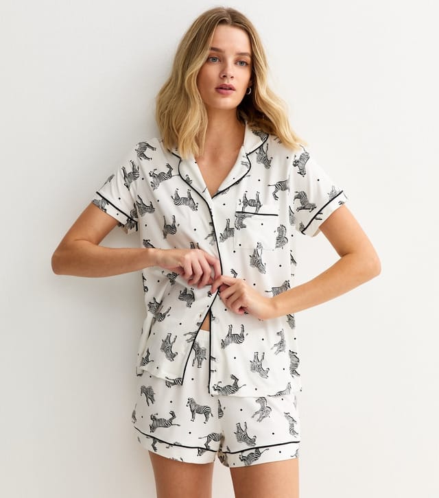 New Look Women's White Zebra Print Revere Collar Shirt and Shorts Pyjama Set New Look - 2