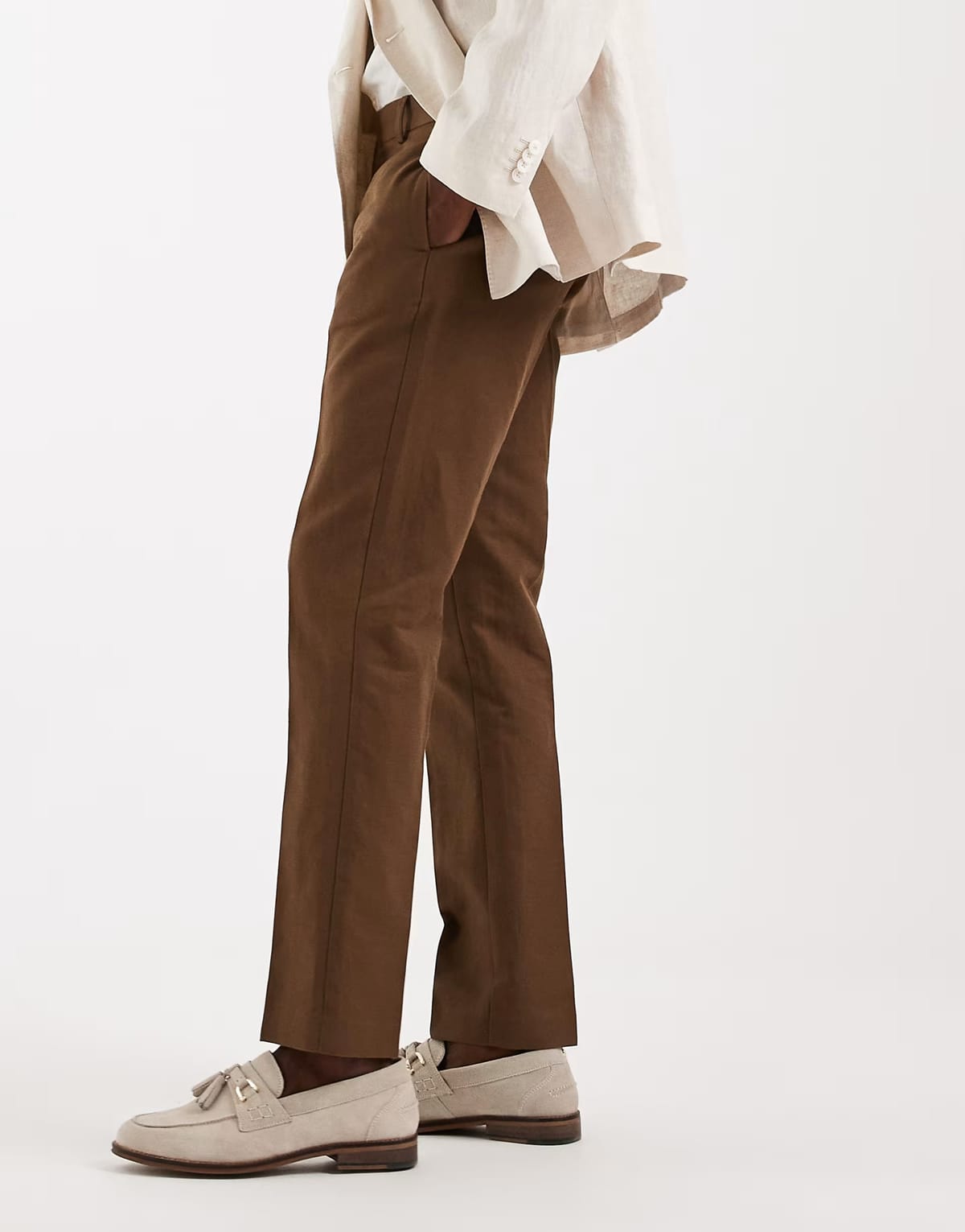 ASOS ASOS DESIGN smart linen rich slim trousers in dark brown - 1