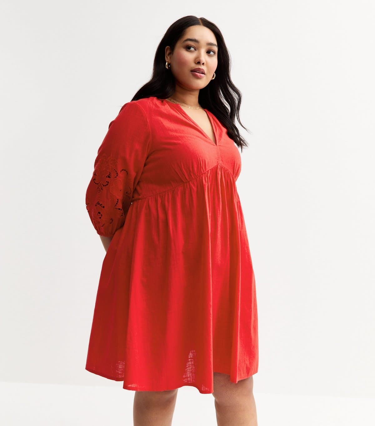 New Look Women's Plus Size Red Broderie Anglaise Trim Smock Mini Dress Curves New Look