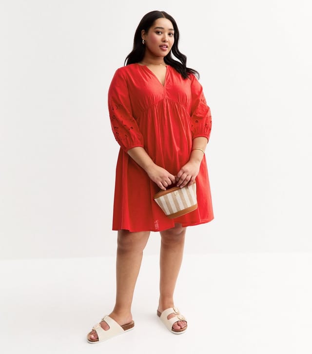 New Look Women's Plus Size Red Broderie Anglaise Trim Smock Mini Dress Curves New Look - 3
