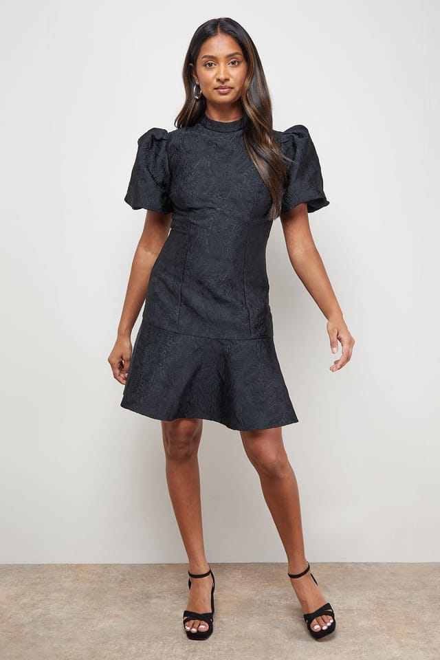 Oasis Oasis Women's Paisley Jacquard Puff Sleeve Mini Dress in Black - 2