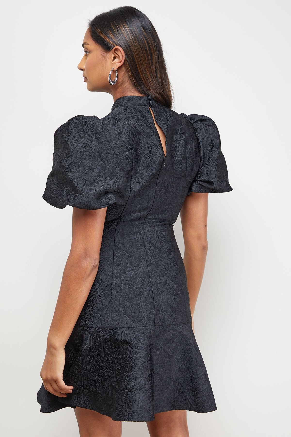 Oasis Oasis Women's Paisley Jacquard Puff Sleeve Mini Dress in Black - 3