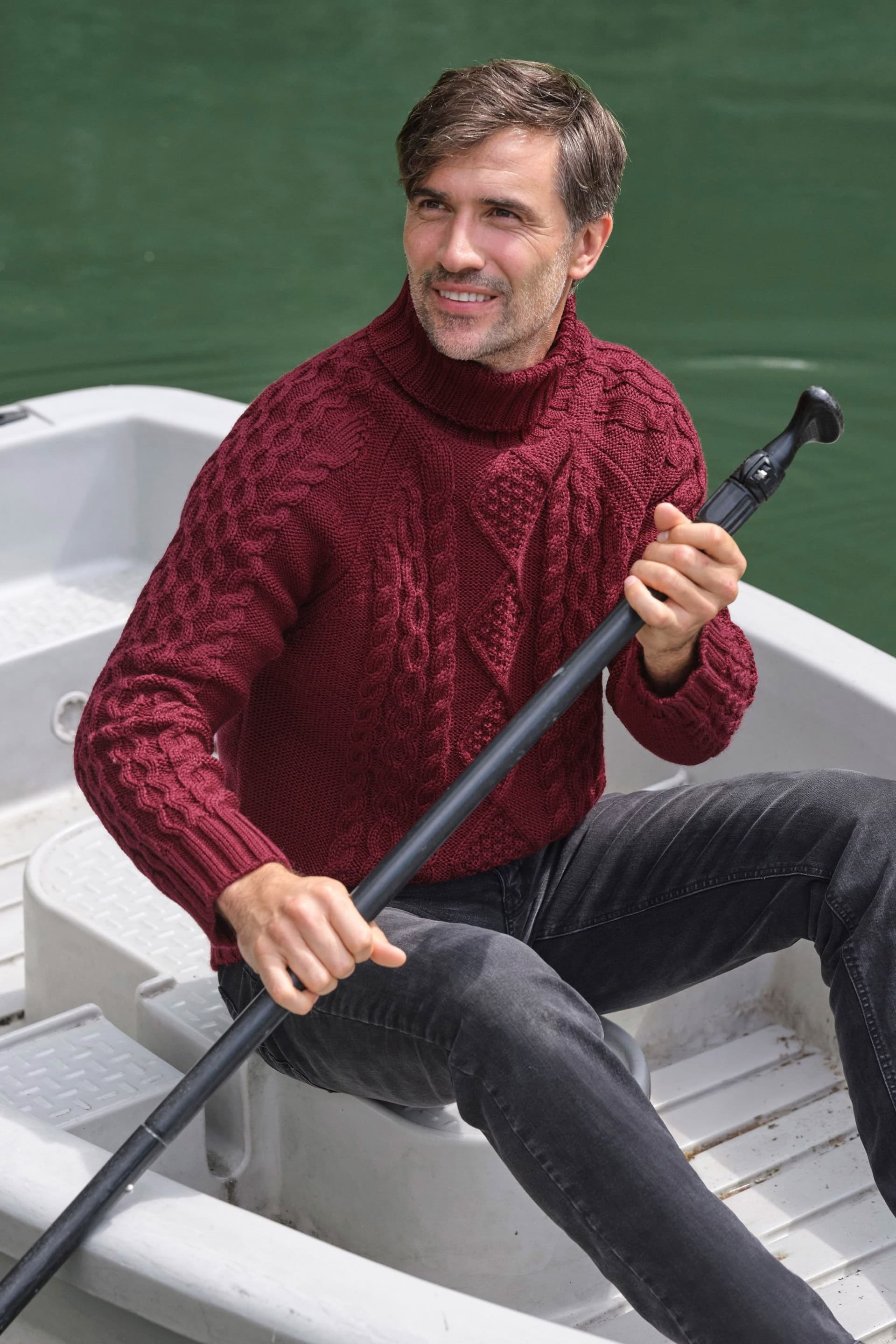 WoolOvers WoolOvers Men's Pure Wool Aran Polo Neck Jumper in Burgundy