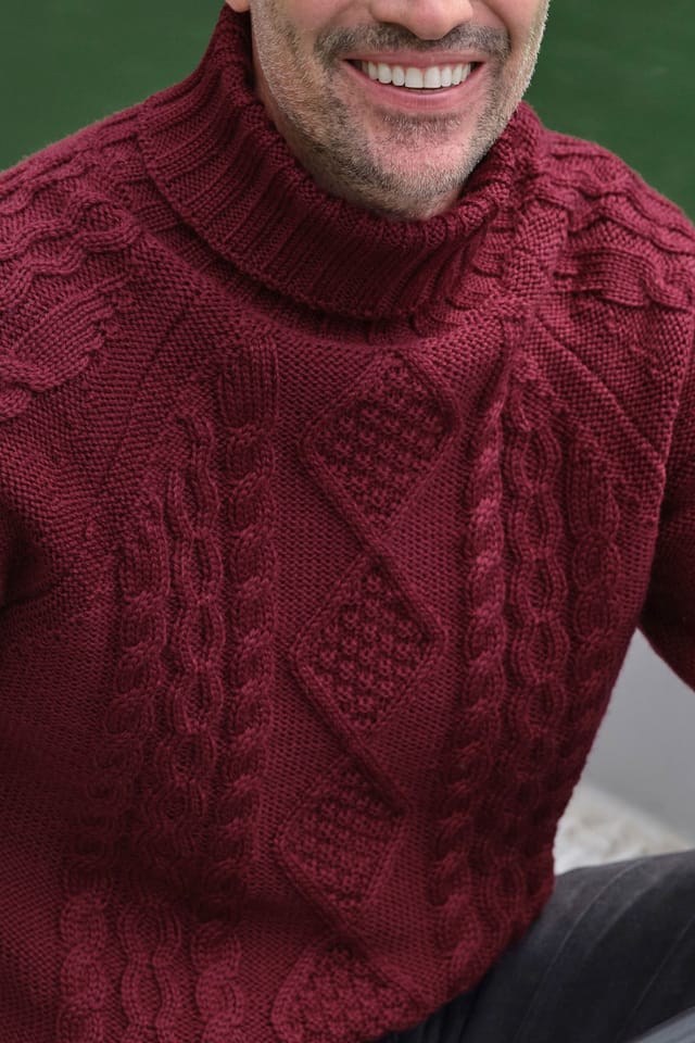 WoolOvers WoolOvers Men's Pure Wool Aran Polo Neck Jumper in Burgundy - 2