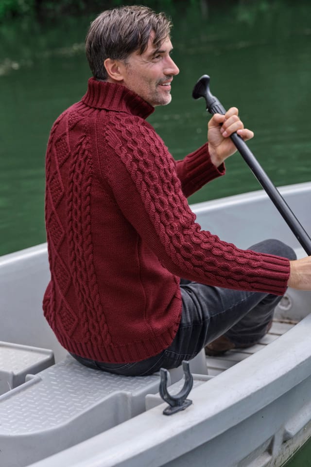 WoolOvers WoolOvers Men's Pure Wool Aran Polo Neck Jumper in Burgundy - 3