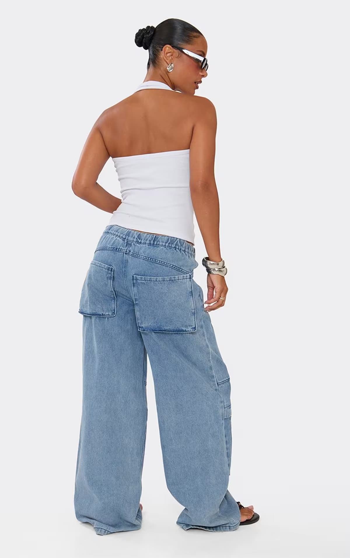 EGO Drawstring Waist Pocket Detail Wide Leg Cargo Trousers In Blue Denim, Women's Size UK 6