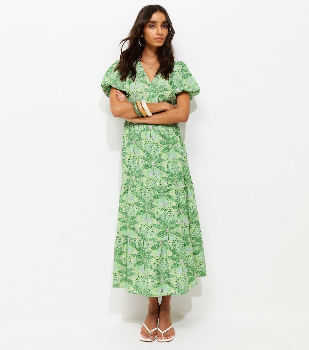 Women's Green Crepe Tropical Pattern Wrap Midi Dress New Look