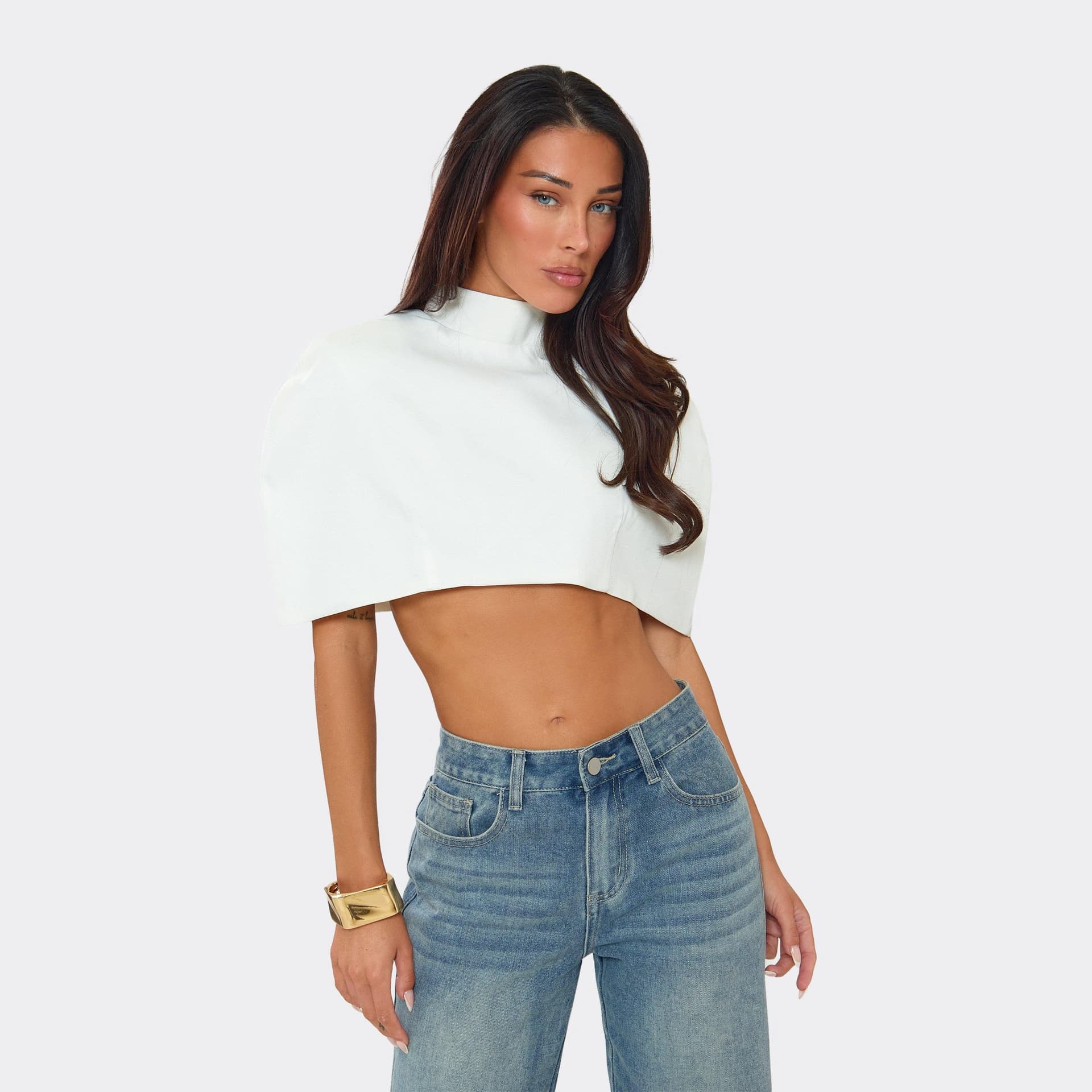 EGO High Neck Structured Shoulder Pad Cape Top In White, Women's Size UK 10