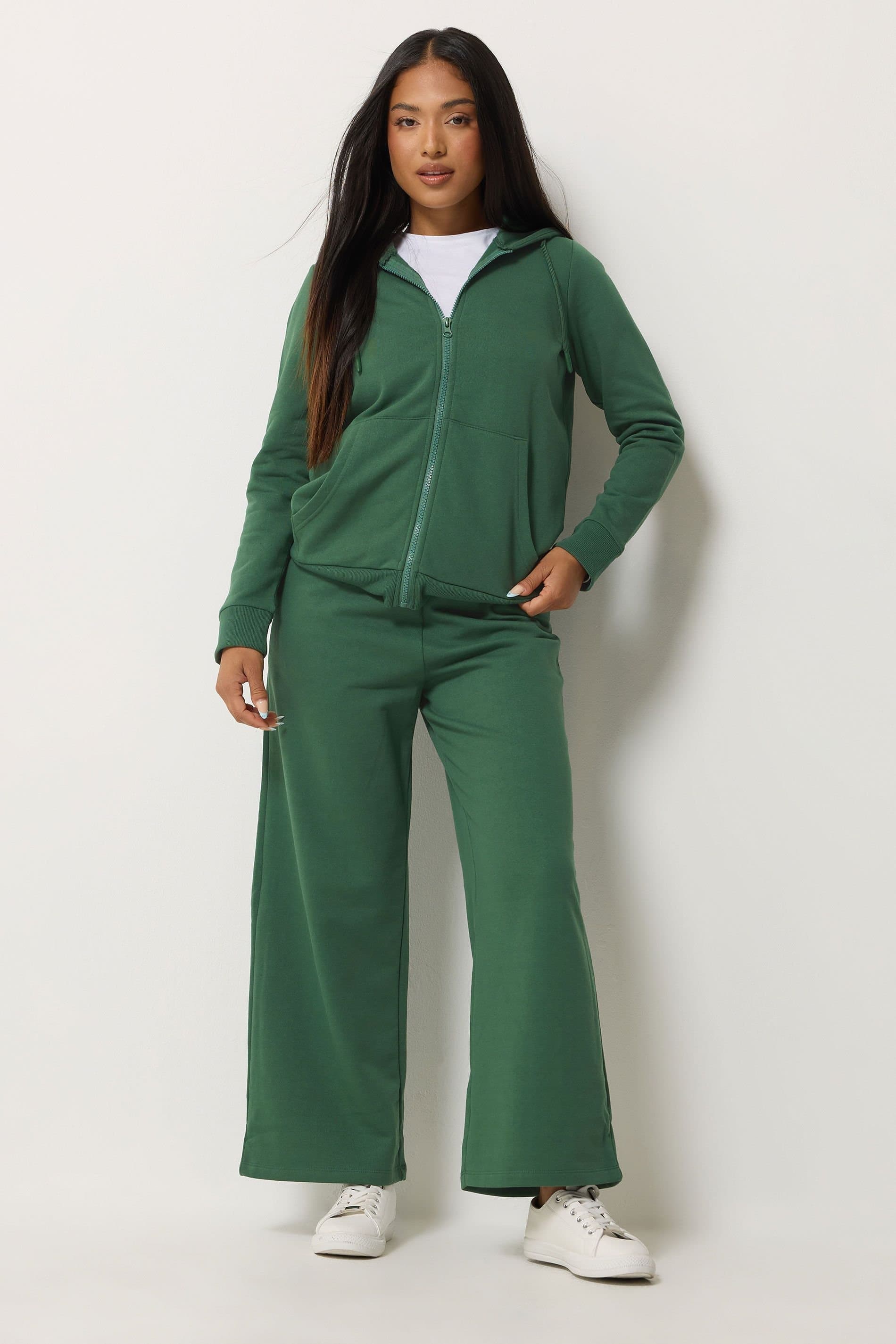 M&Co M&Co Women's Petite Zip & Wide Leg Joggers Set in Dark Green