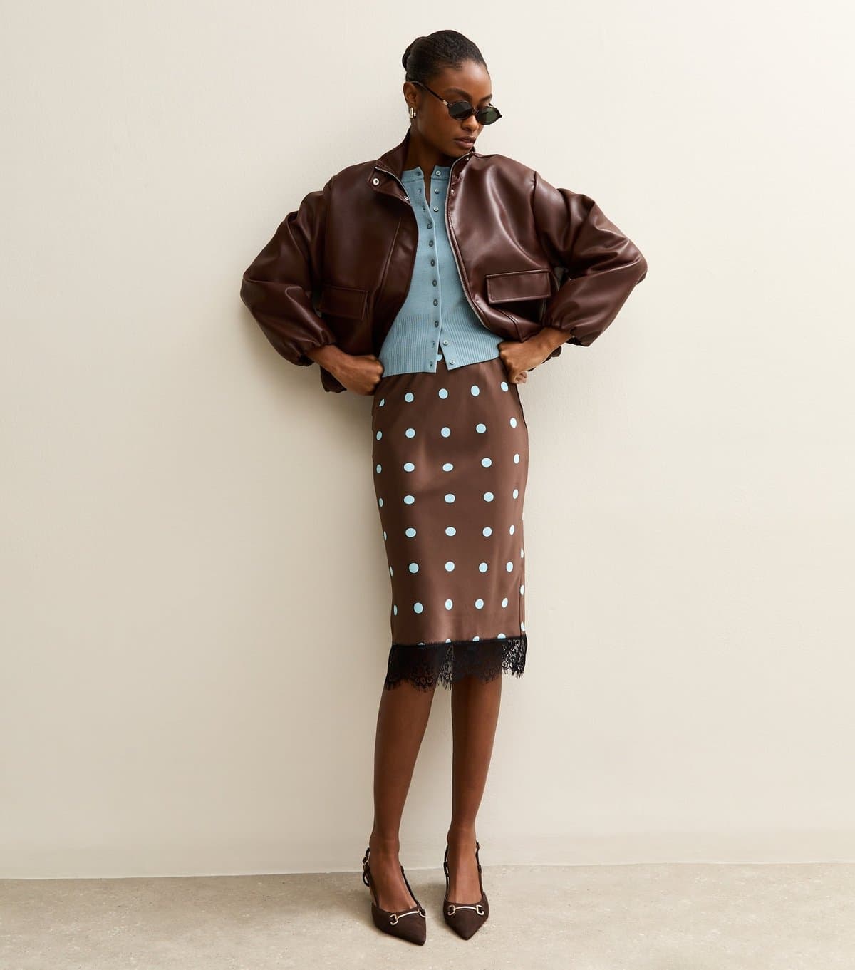 New Look Women's Brown Satin Polka Dot Lace Hem Midi Skirt New Look