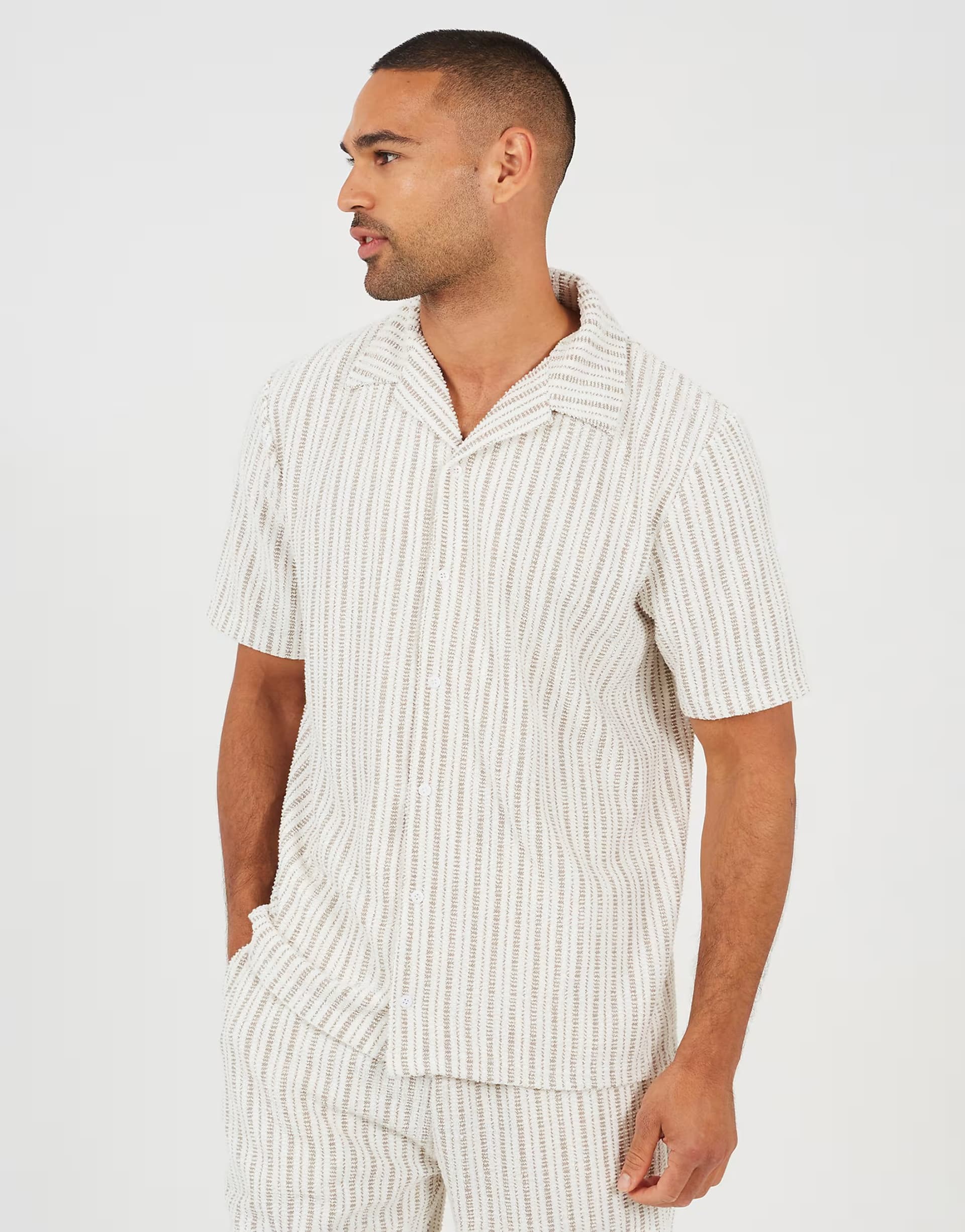 ASOS Brave Soul Regular fit striped revere collar shirt in cream