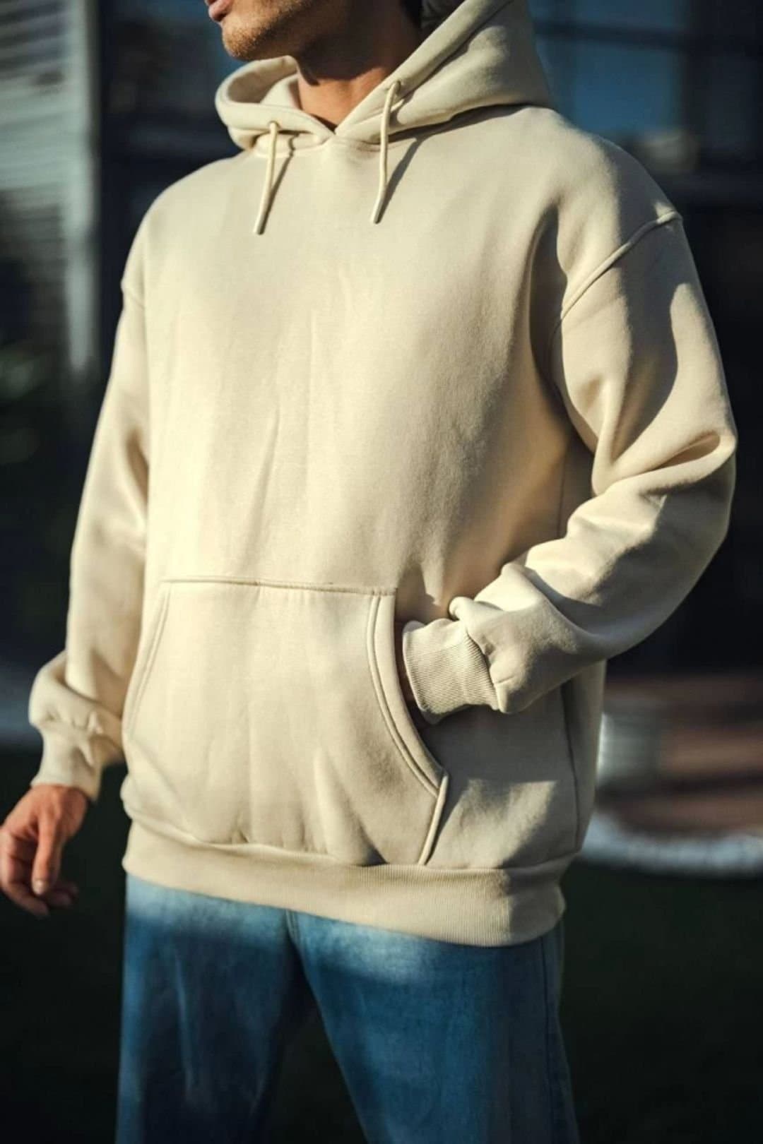 Janes Janes Men's Hooded Pullover Sweatshirt with Pocket in Beige