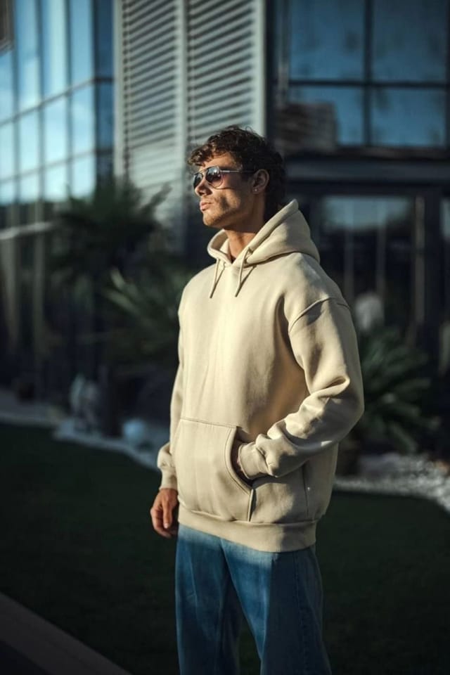 Janes Janes Men's Hooded Pullover Sweatshirt with Pocket in Beige - 2