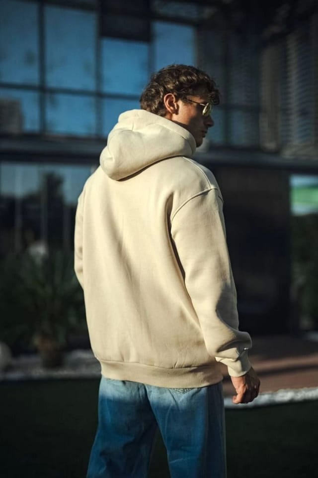Janes Janes Men's Hooded Pullover Sweatshirt with Pocket in Beige - 3
