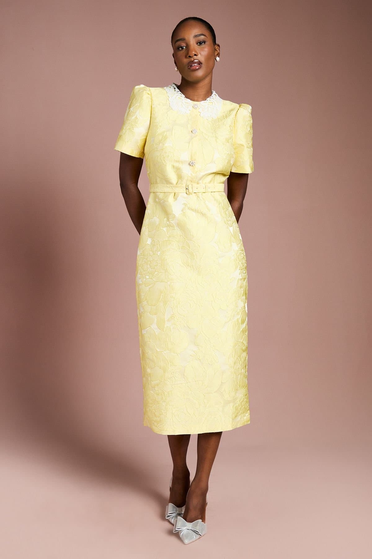 Coast Coast Women's Puff Sleeve Collared Jacquard Midi Dress in Lemon