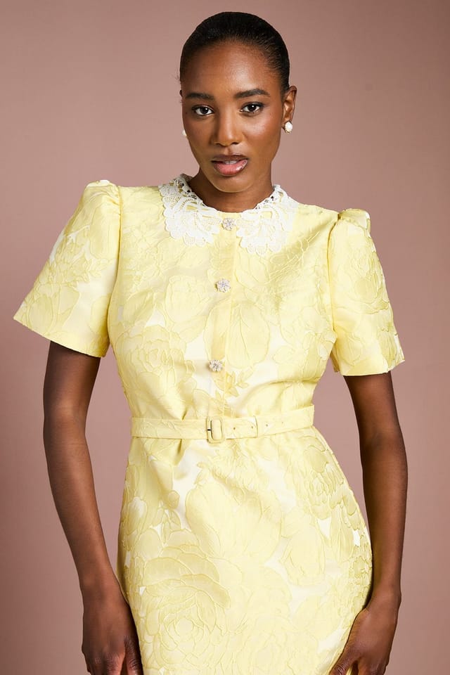 Coast Coast Women's Puff Sleeve Collared Jacquard Midi Dress in Lemon - 2