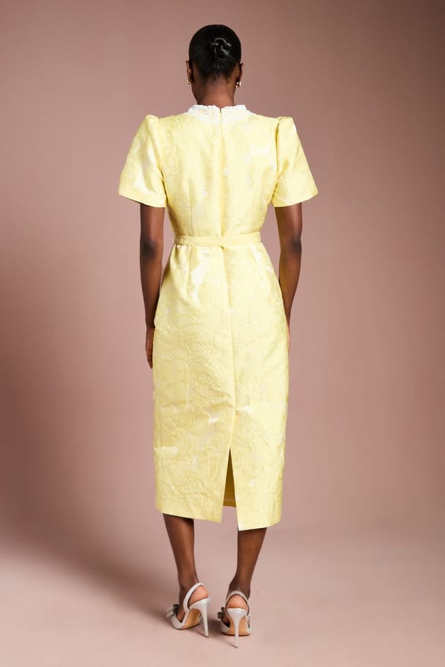 Coast Coast Women's Puff Sleeve Collared Jacquard Midi Dress in Lemon - 3