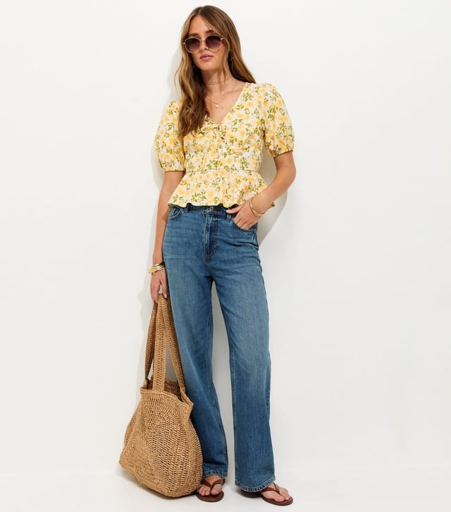 New Look Women's Yellow Floral Print V-Neck Top New Look - 3