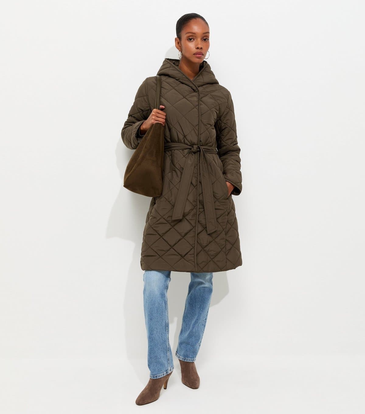 New Look Women's Dark Khaki Hooded Belted Quilted Jacket New Look