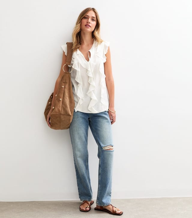 New Look Women's Off White Ruffle Front Tie Neck Top New Look - 2