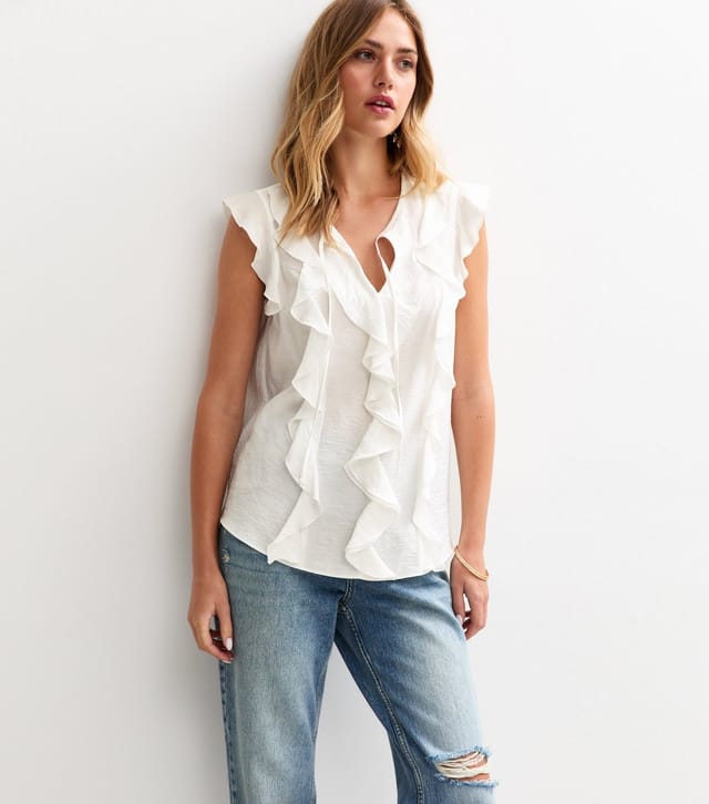 New Look Women's Off White Ruffle Front Tie Neck Top New Look - 3