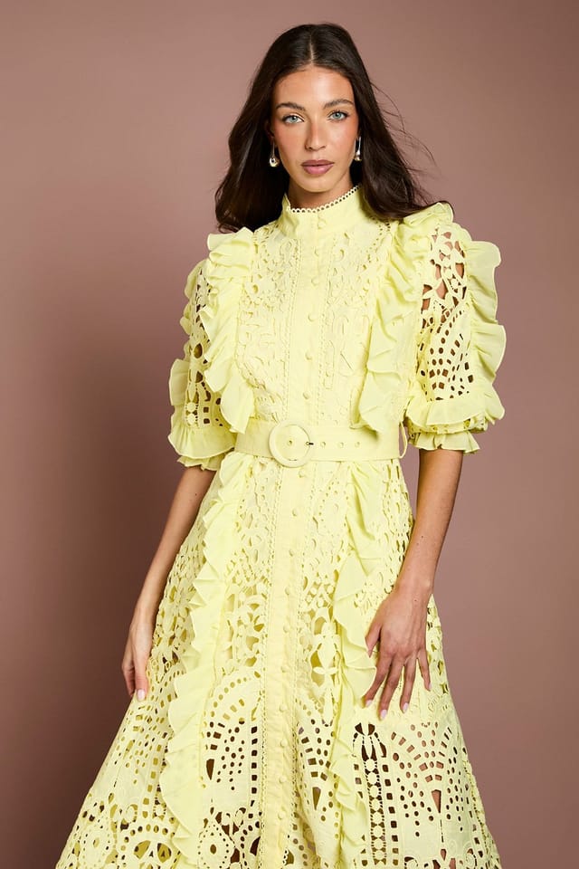 Coast Coast Women's Lace Ruffle Shirt Dress With Tie in Yellow - 2