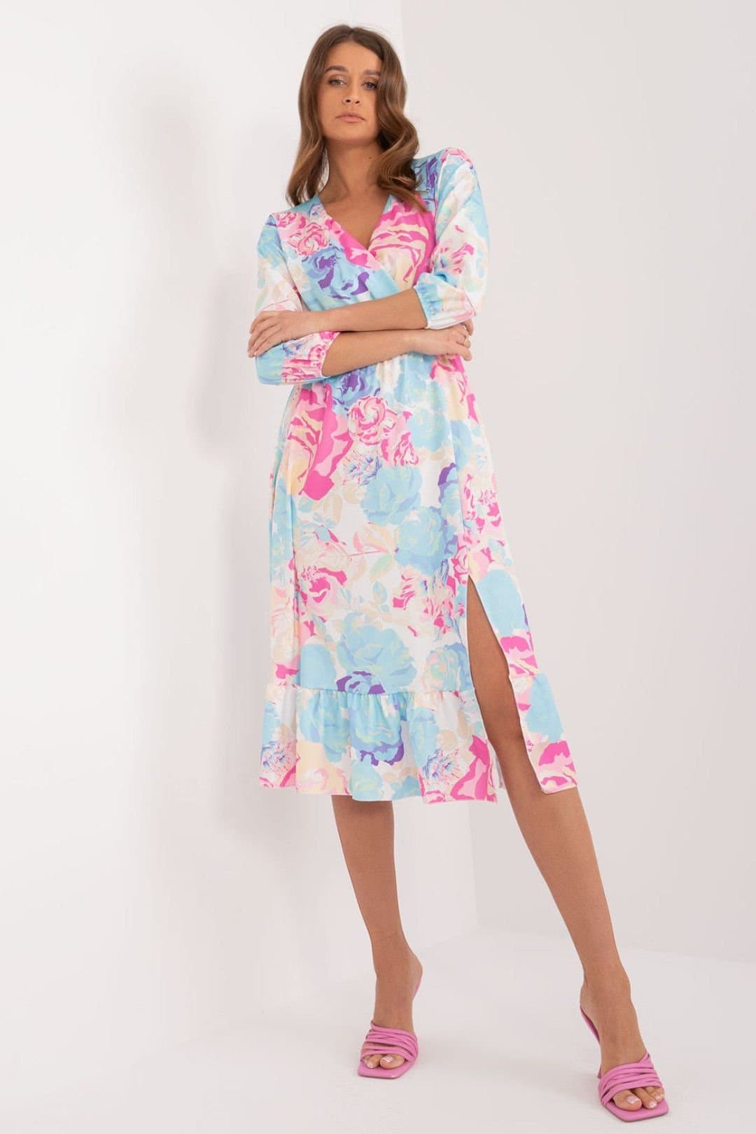 Love Lace Love Lace Women's Colorful Printed Midi Day Dress with Ruffle in Blue