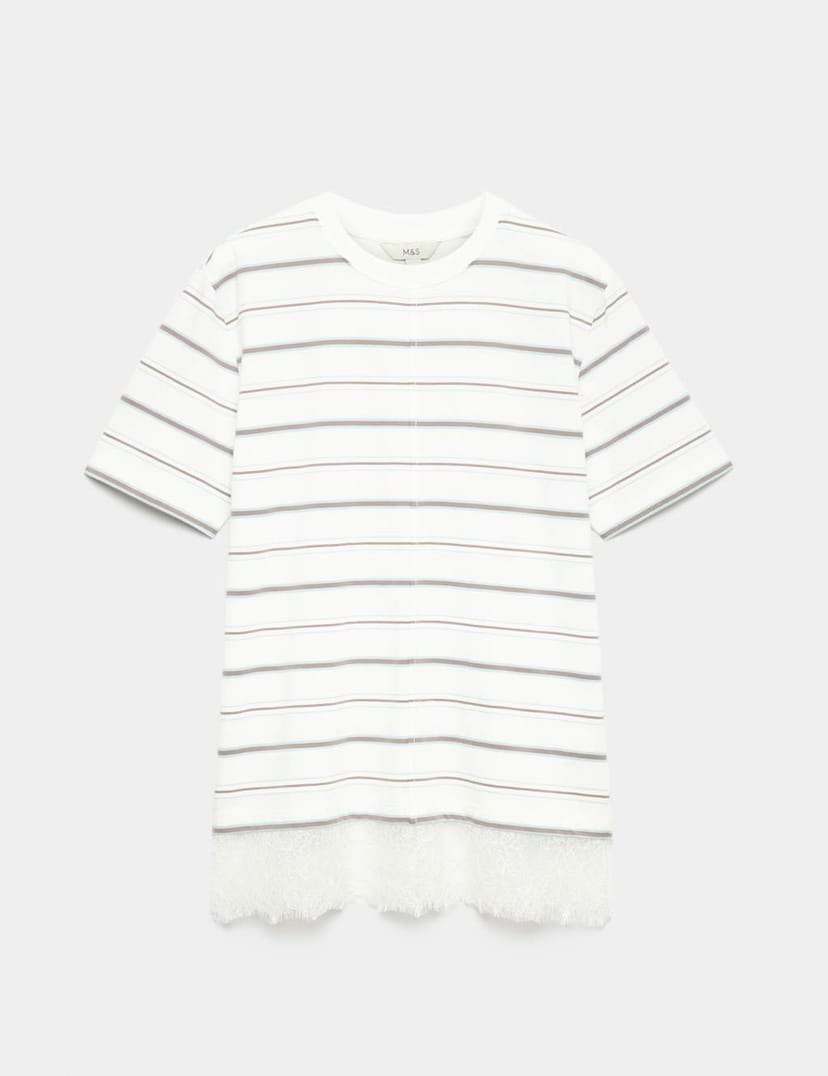 Marks & Spencer M&S Pure Cotton Lace Hem T-Shirt White Mix - 1