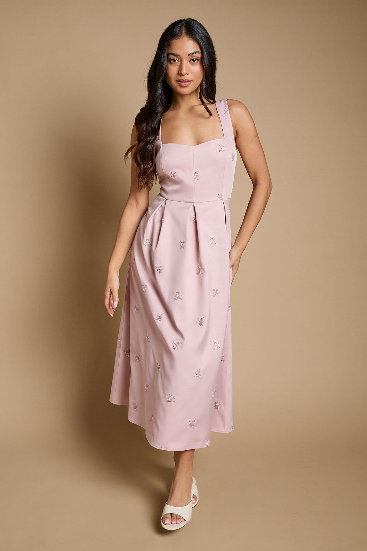 Oasis Blush Floral Embellished Midi Dress for Petite Women