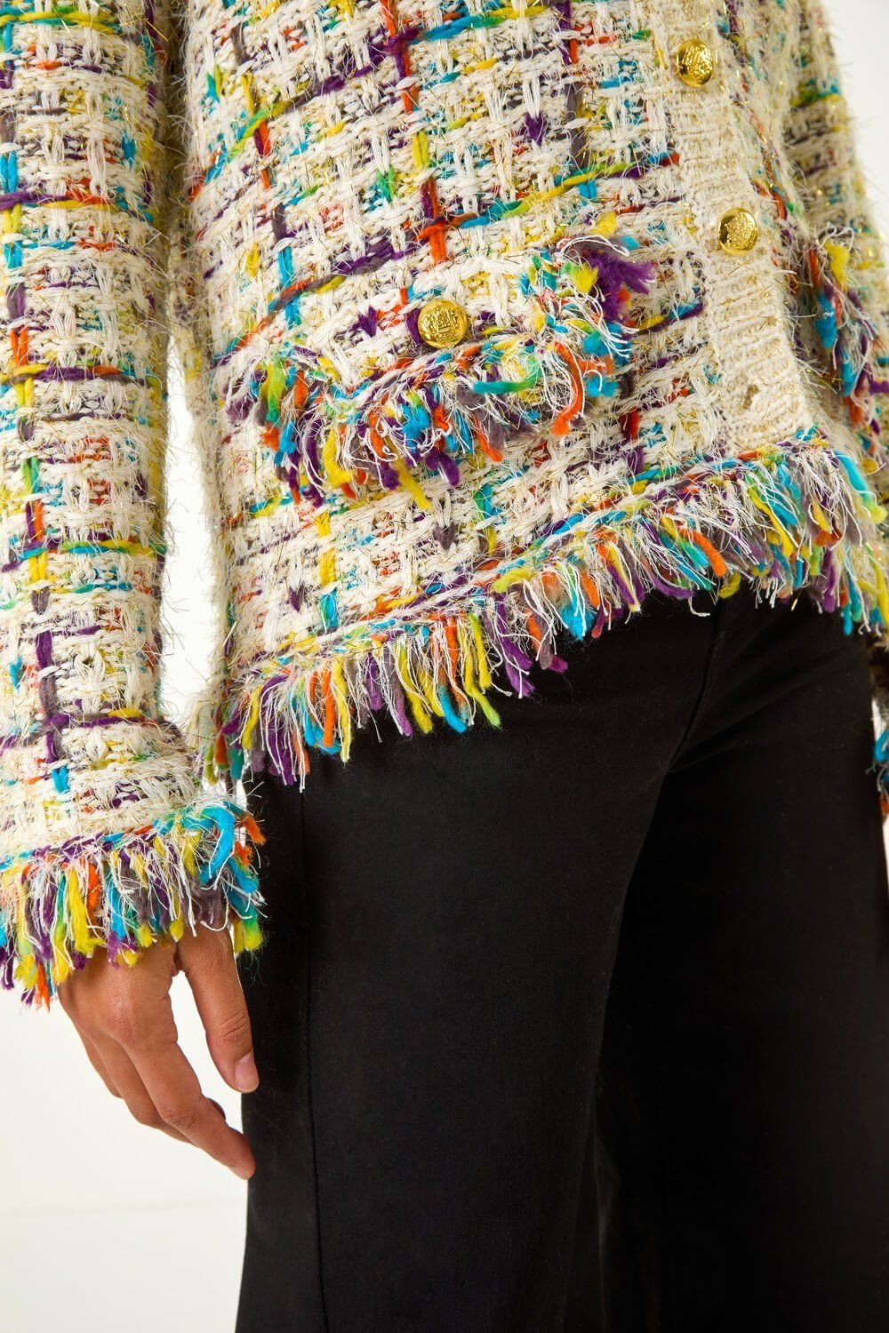 Roman Roman Women's Textured Fringe Knit Cardigan in Ivory - 4