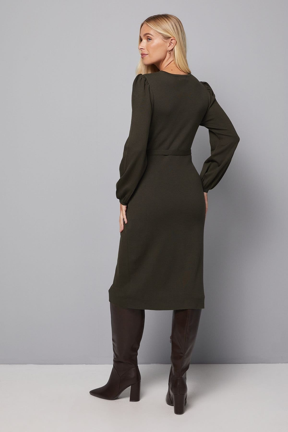 Wallis Wallis Women's Petite Belted Balloon Sleeve Knitted Dress in Khaki - 4