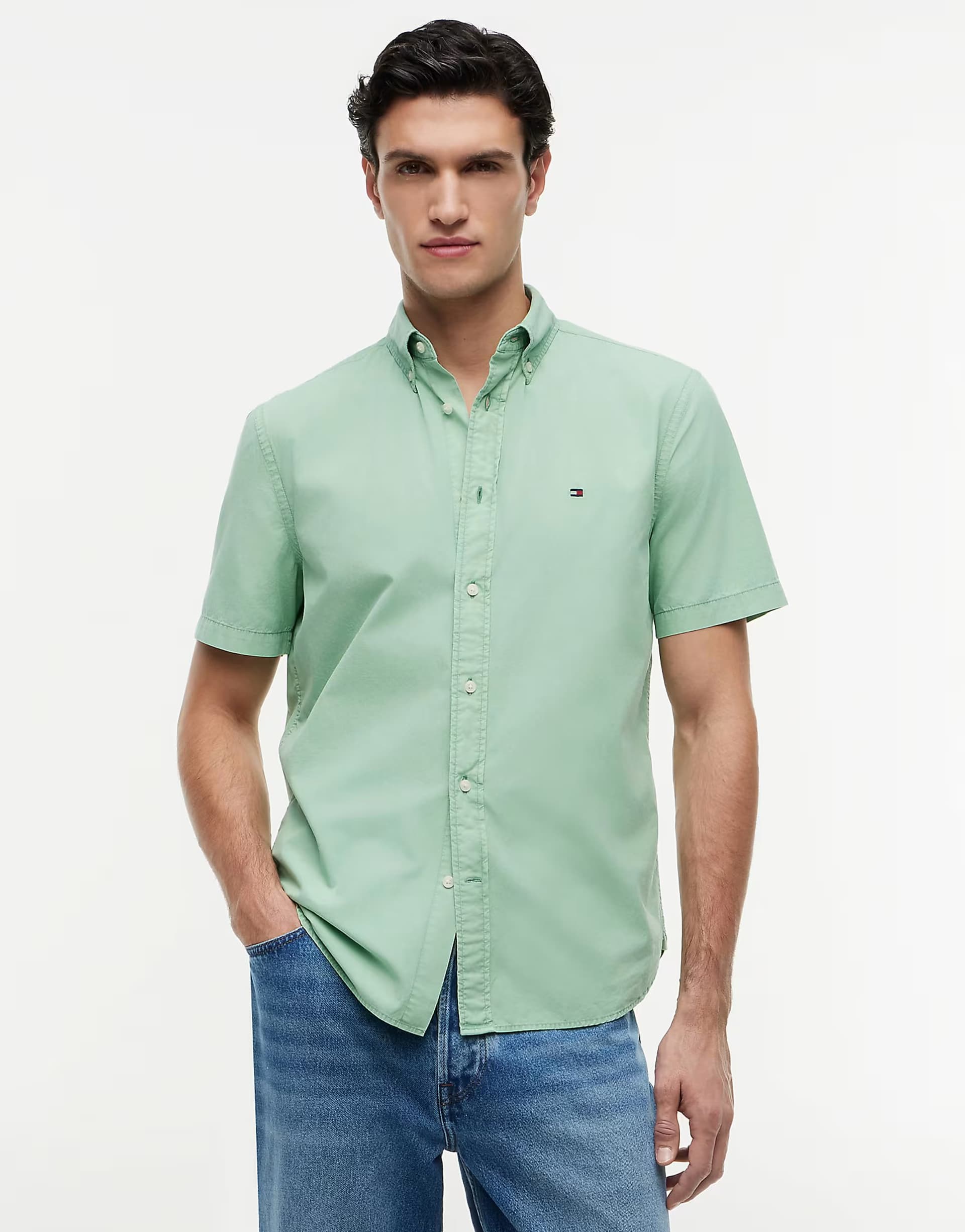ASOS Tommy Hilfiger Regular fit washed poplin short sleeve shirt in light green
