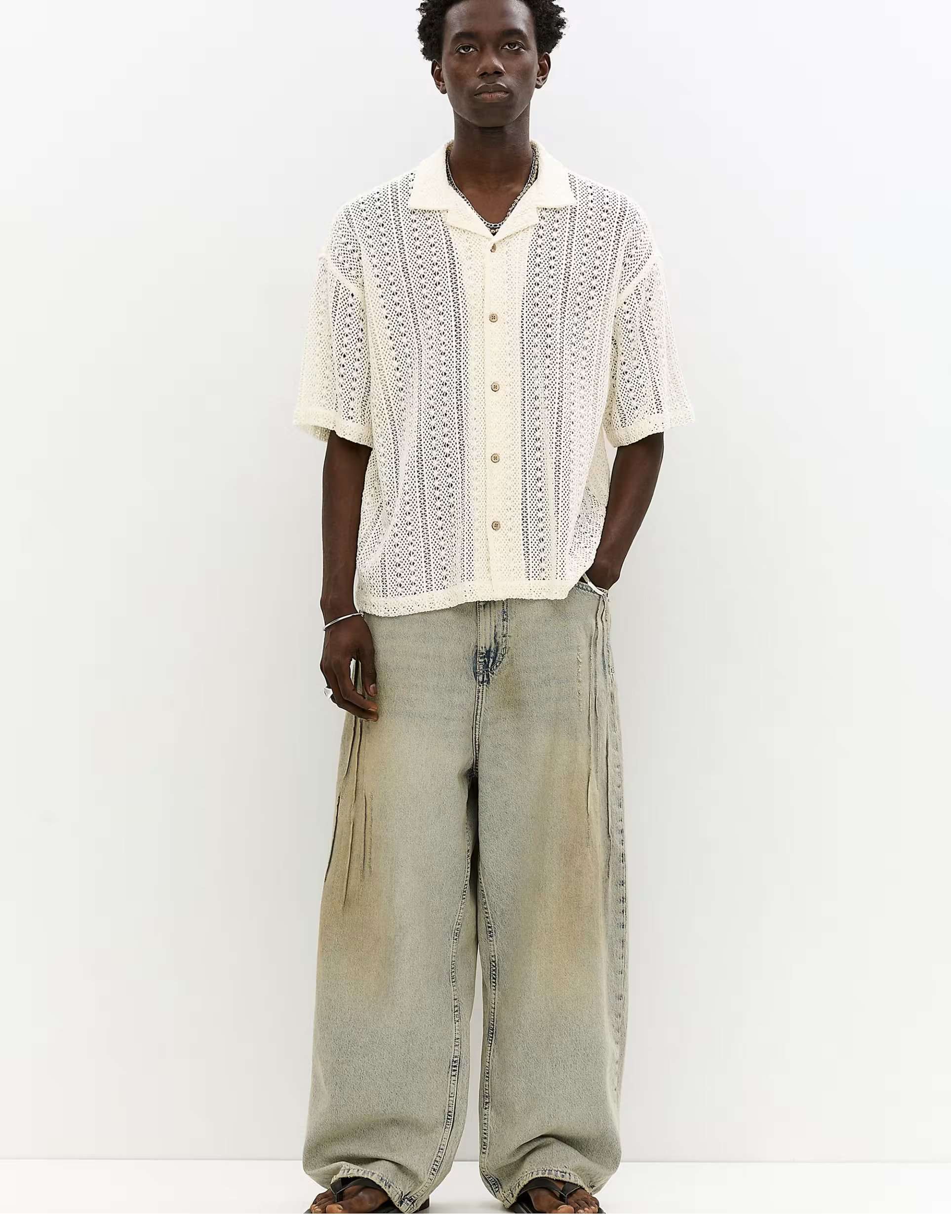 ASOS Pull&Bear short sleeve crochet shirt in off white - 1