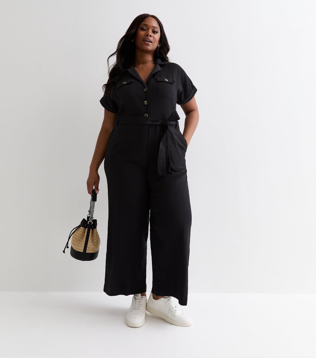 New Look Women's Plus Size Black Cotton Belted Utility Jumpsuit Curves New Look