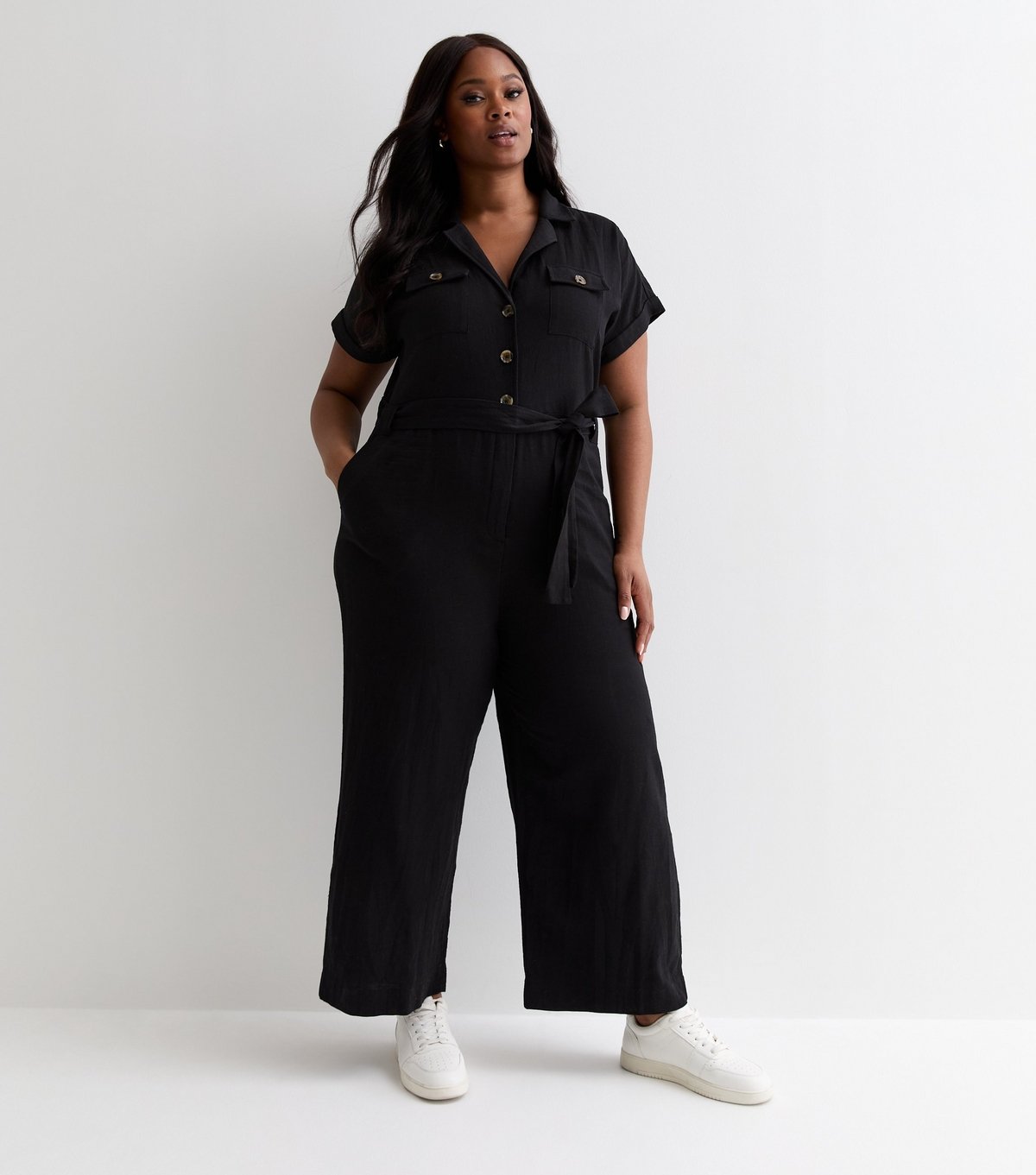 New Look Women's Plus Size Black Cotton Belted Utility Jumpsuit Curves New Look - 3